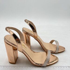 Women's Rose Gold Rhinestone Slingback  Chunky Heels Sandals